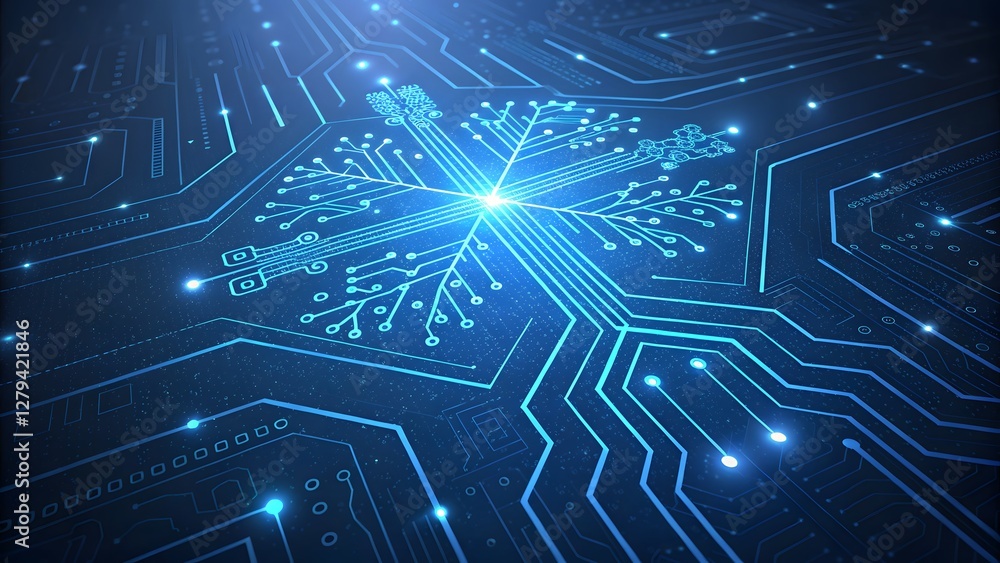 Glowing blue circuit board pattern futuristic dig Glowing blue circuit board pattern futuristic dig