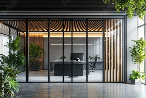 Wallpaper Mural Dark wooden partition in office with podium workspace. AI generated illustration Torontodigital.ca