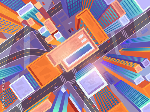 City street top view. Skyscraper tower roof above road car intersection traffic, urban buildings crossroad way down metropolice expressway cityscape, swanky vector illustration