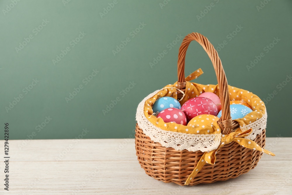 Many decorated Easter eggs in wicker basket on wooden table against green background, space for text Many decorated Easter eggs in wicker basket on wooden table against green background, space for text