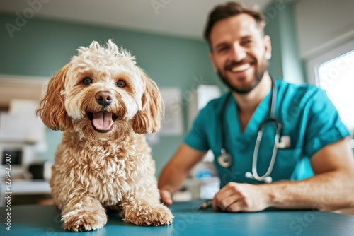 Wallpaper Mural Happy veterinarian takes care of a cheerful dog in clinic office during midday consultation Torontodigital.ca