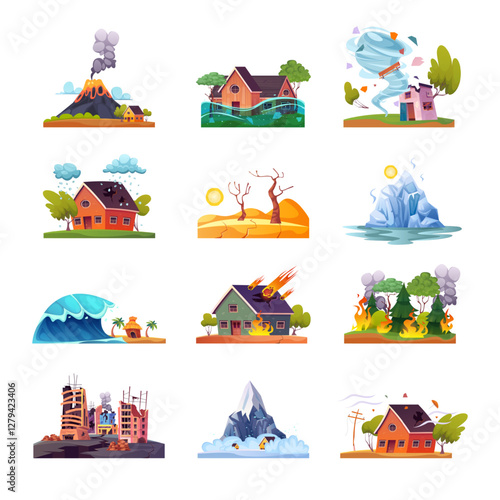 Cartoon natural disasters. Nature weather calamity, global warming disaster catastrophe earthquake forest fire tsunami flood hail drought hurricane, swanky vector illustration