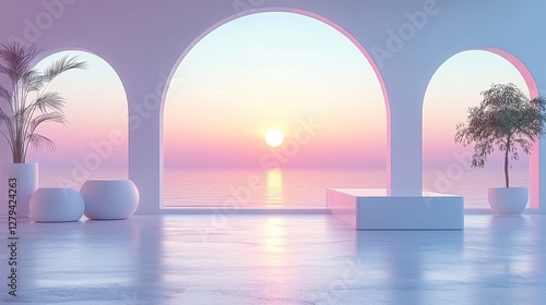 Serene Sunset View from Minimalist Coastal Interior with Arched Windows
