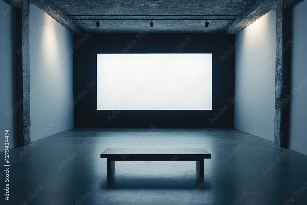 Exhibition interior with empty projection screen and bench. AI generated illustration. Exhibition interior with empty projection screen and bench. AI generated illustration.