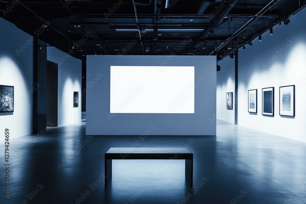 Exhibition interior with empty projection screen and bench. AI generated illustration. Exhibition interior with empty projection screen and bench. AI generated illustration.