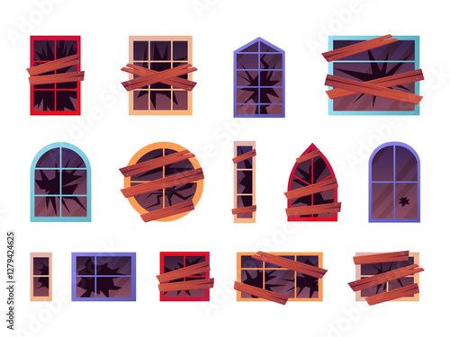Broken wood windows. Old balcony window with cracked glass covered nailed wooden planks, abandoned house cartoon elements, swanky vector illustration