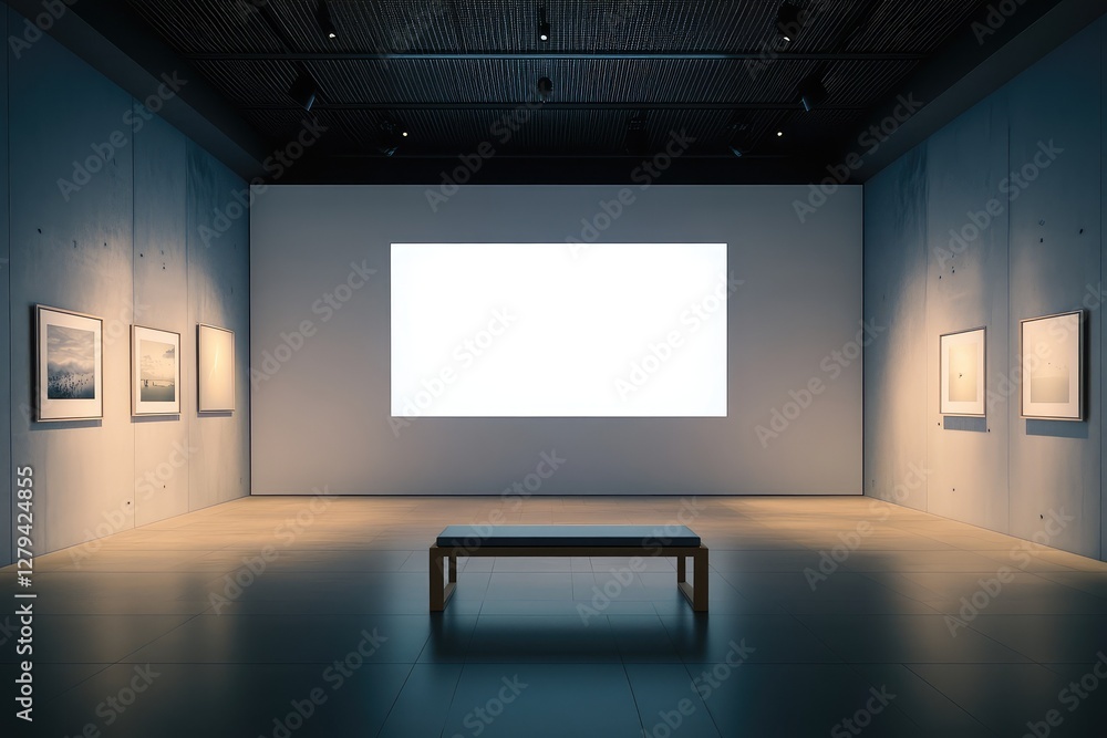 Exhibition interior with empty projection screen and bench. AI generated illustration. Exhibition interior with empty projection screen and bench. AI generated illustration.
