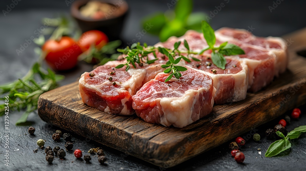 Close-up view of fresh raw meat garnished with herbs on rustic wooden board. Generative AI. Close-up view of fresh raw meat garnished with herbs on rustic wooden board. Generative AI.