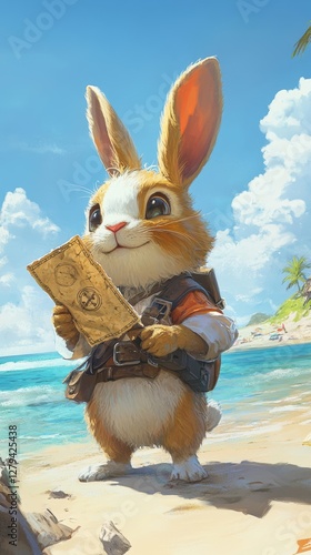 Wallpaper Mural Adventurous Pirate Rabbit on Tropical Beach Holding Treasure Map, Cute Animal Character, Vacation Adventure Concept, Sunny Seaside Exploration, Fun Summer Journey Torontodigital.ca