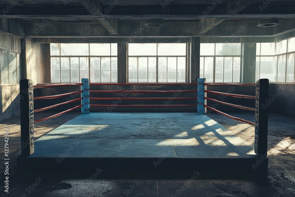 Fototapeta premium Empty boxing ring in a dimly lit arena. AI generated illustration.