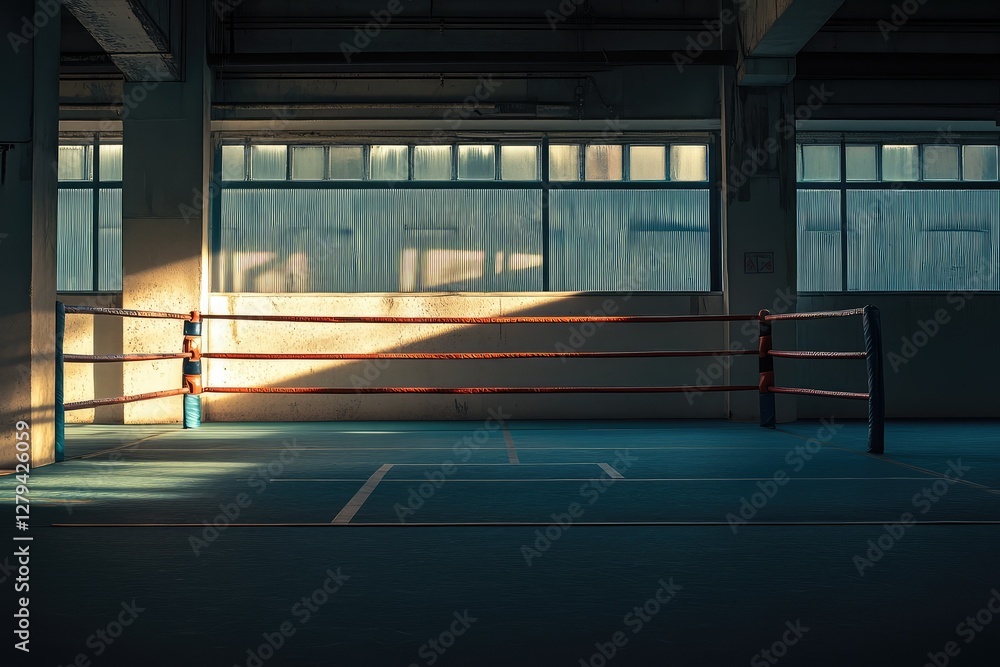 Fototapeta premium Empty boxing ring in a dimly lit arena. AI generated illustration.