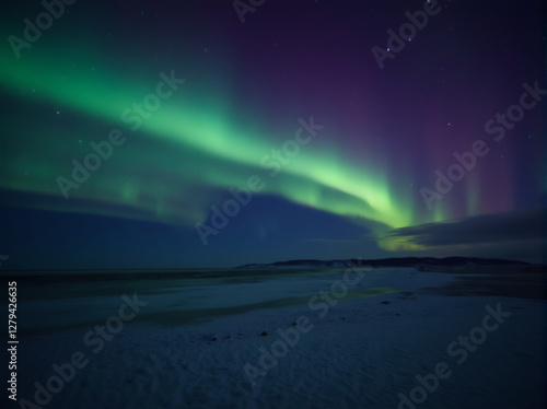 Northern Lights Display Over Snowy Landscape