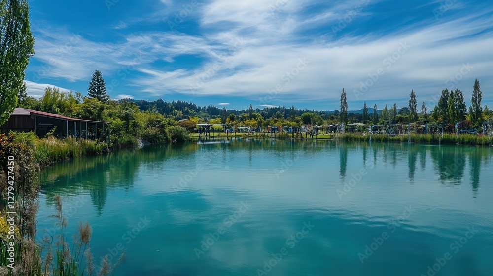 Fototapeta premium A serene lake features a boat floating gently, with a charming house nestled in the background, creating a picturesque landscape.