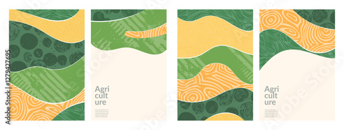 Rural landscape with field of corn rice and potatoes. Geometric green pattern, agriculture, organic farming, nature, textured countryside map. Minimal brochure poster, peaceful abstract illustration