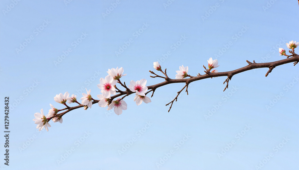 Lone cherry blossom branch against clear blue sky, nature's beauty Lone cherry blossom branch against clear blue sky, nature's beauty