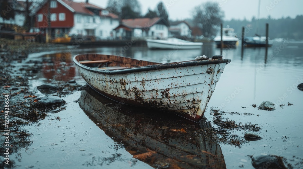 Rustic rowboat at a calm harbor on a foggy day; potential use as a nature/travel stock photo Rustic rowboat at a calm harbor on a foggy day; potential use as a nature/travel stock photo
