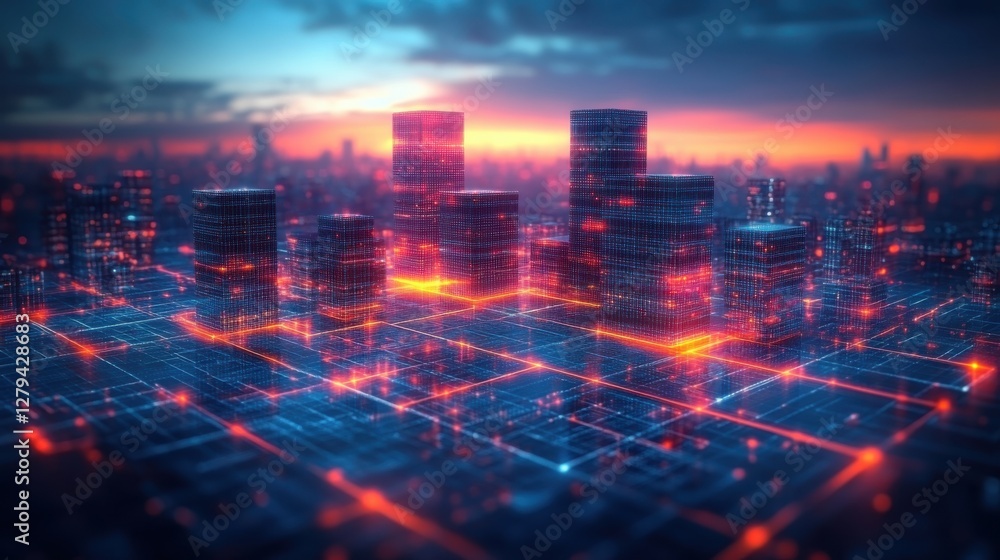Futuristic Cityscape with Digital Grid and Illuminated Buildings Futuristic Cityscape with Digital Grid and Illuminated Buildings