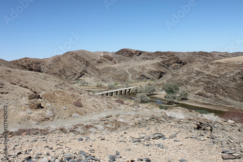 Dry landsace with brige at Kuiseb Canyon in Namibia. photo