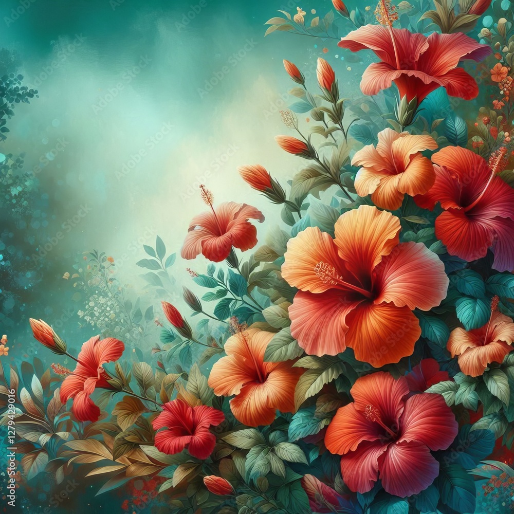 Fototapeta premium A vibrant illustration of hibiscus flowers in full bloom, showcasing their colorful petals and lush green foliage
