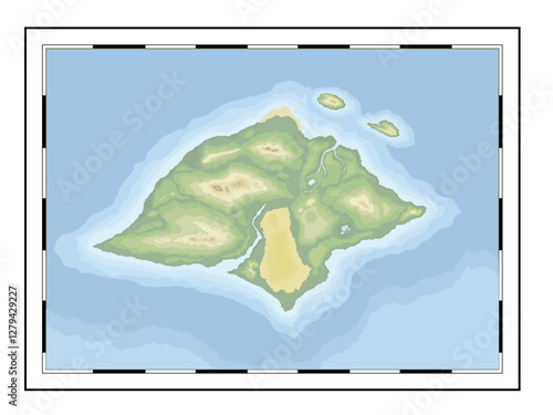 editable geographic map of a fantasy island with sea, water, mountains and forests