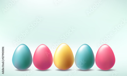 Easter day golden egg background. 3d vector png, April happy holiday isolated podium scene. Spring greeting card realistic design, Mini gift pile web header banner, blue pink gold illustration poster