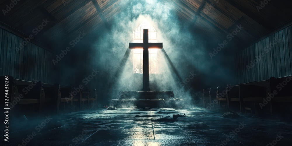 Naklejka premium Mysterious light illuminating a large cross in a dimly lit church interior during early morning hours