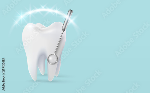 Tooth white, 3D illustration of a tooth, healthy glowing tooth. Shield around white tooth with dental mirrow. Dental care, protection and whitening. Vector illustration