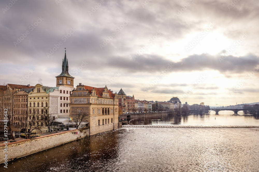 Fototapeta premium Panoramic view on Prague Historical Gothic Medieval castle and church complex, St. Vitus Cathedral, Charles Bridge, astronomical clock, Basilica of St. George, Unesco city tourism