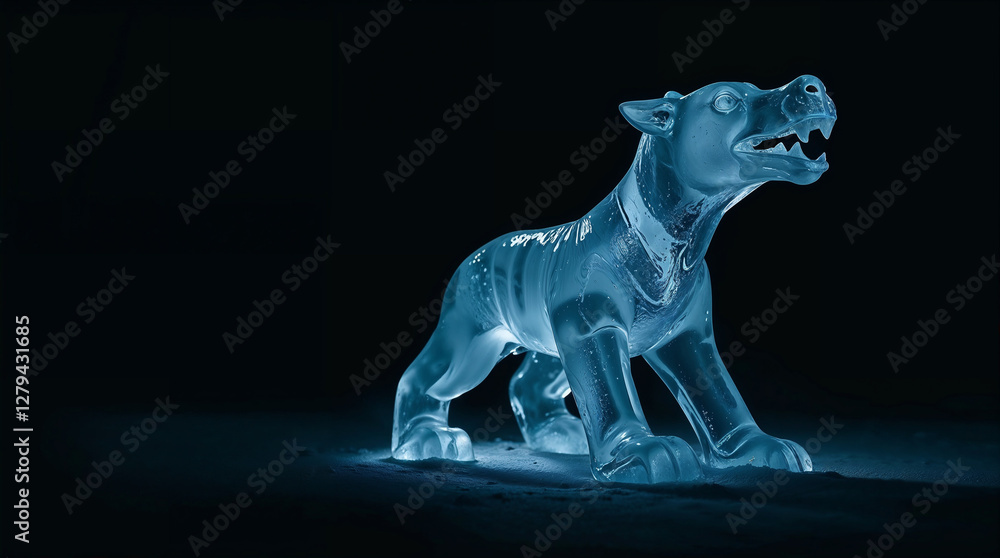 Fototapeta premium Ice sculpture of a barking dog glowing in dark