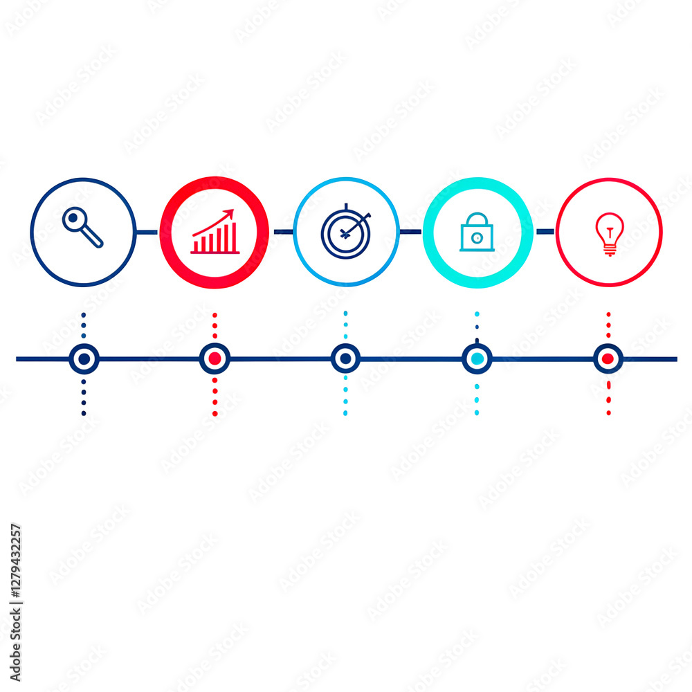 Five circular infographic elements with icons and a connecting line on a transparent background. Five circular infographic elements with icons and a connecting line on a transparent background.