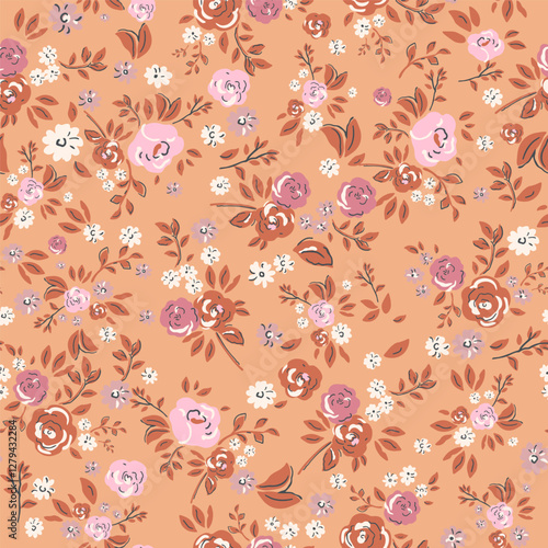 Pink and white flowers in a seamless pattern on peach background