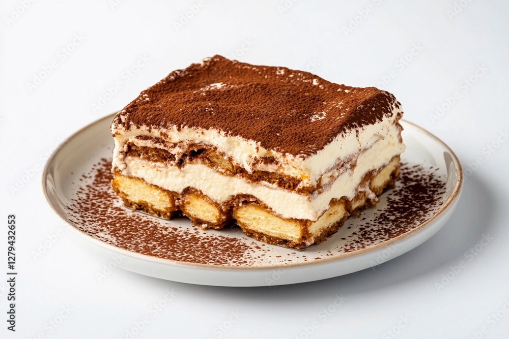 Delightful layers of creamy dessert with a rich cocoa topping served on a simple plate Delightful layers of creamy dessert with a rich cocoa topping served on a simple plate