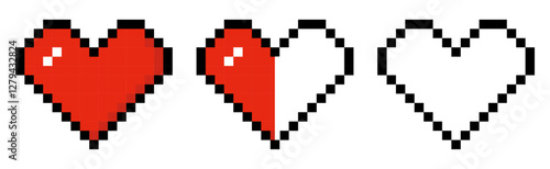 Pixelated heart life bar with decreasing health, 8 bit, retro games, pixel art