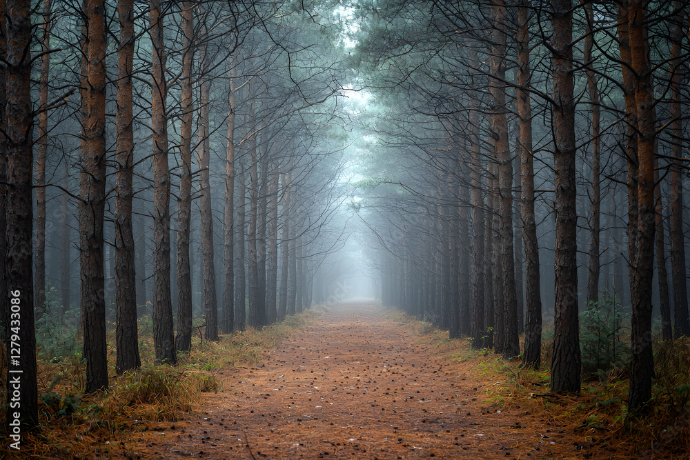 Obraz premium Calm forest path through tall pine trees in misty morning light leading into the distance