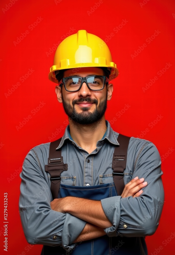 Confident construction worker in a yellow hard hat and safety glasses, standing against a vibrant red background, perfect for construction-themed marketing and branding. Confident construction worker in a yellow hard hat and safety glasses, standing against a vibrant red background, perfect for construction-themed marketing and branding.