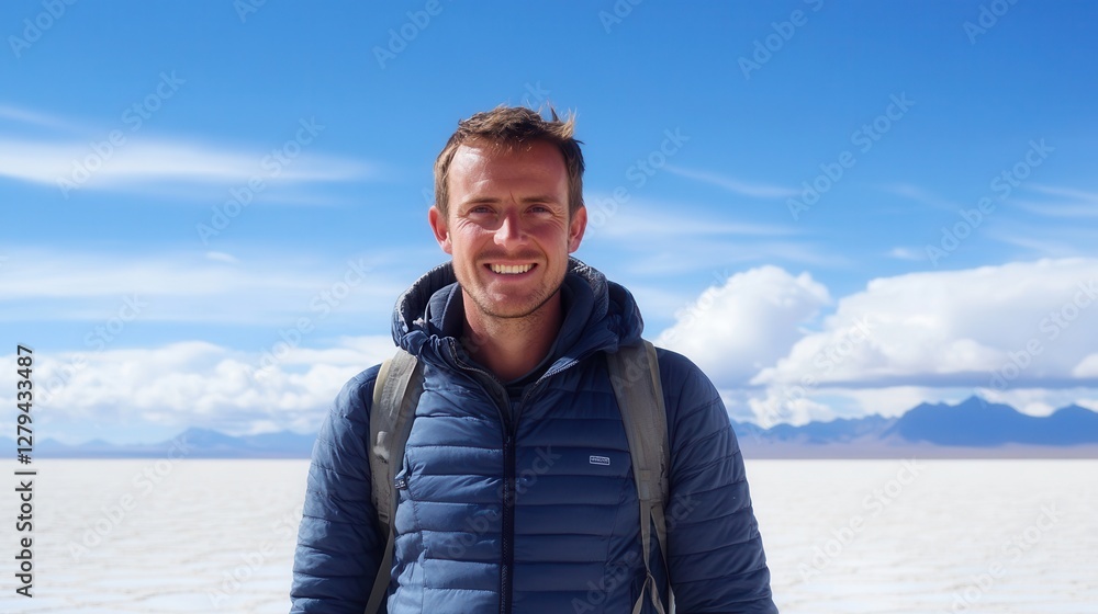 A cheerful man wearing a blue jacket stands in a desert landscape, with majestic mountains rising in the background under a clear sky. A cheerful man wearing a blue jacket stands in a desert landscape, with majestic mountains rising in the background under a clear sky.