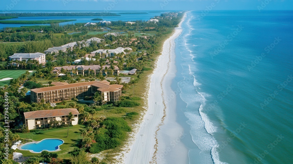Fototapeta premium Aerial view showcasing a vibrant beach resort featuring a sparkling pool and pristine shoreline, highlighting leisure and relaxation in a tropical paradise.