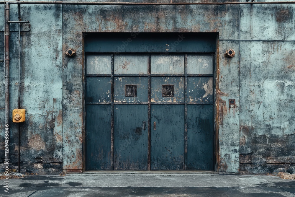 Grunge garage with opening door. AI generated illustration. Grunge garage with opening door. AI generated illustration.