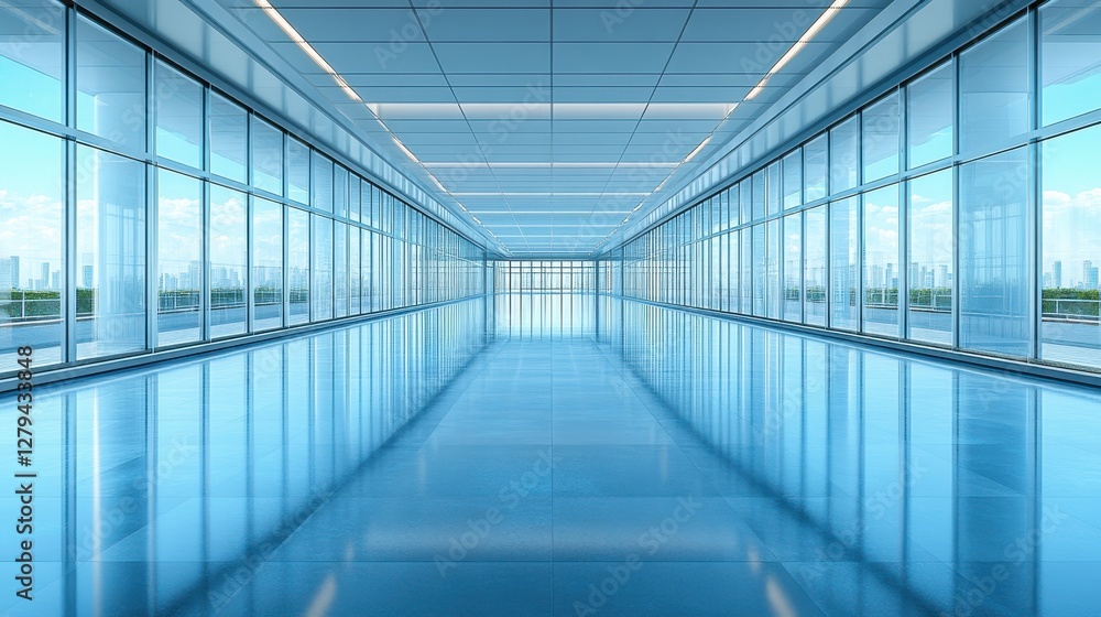 Fototapeta premium Modern Bright Hallway with Large Windows and Reflection on Floor