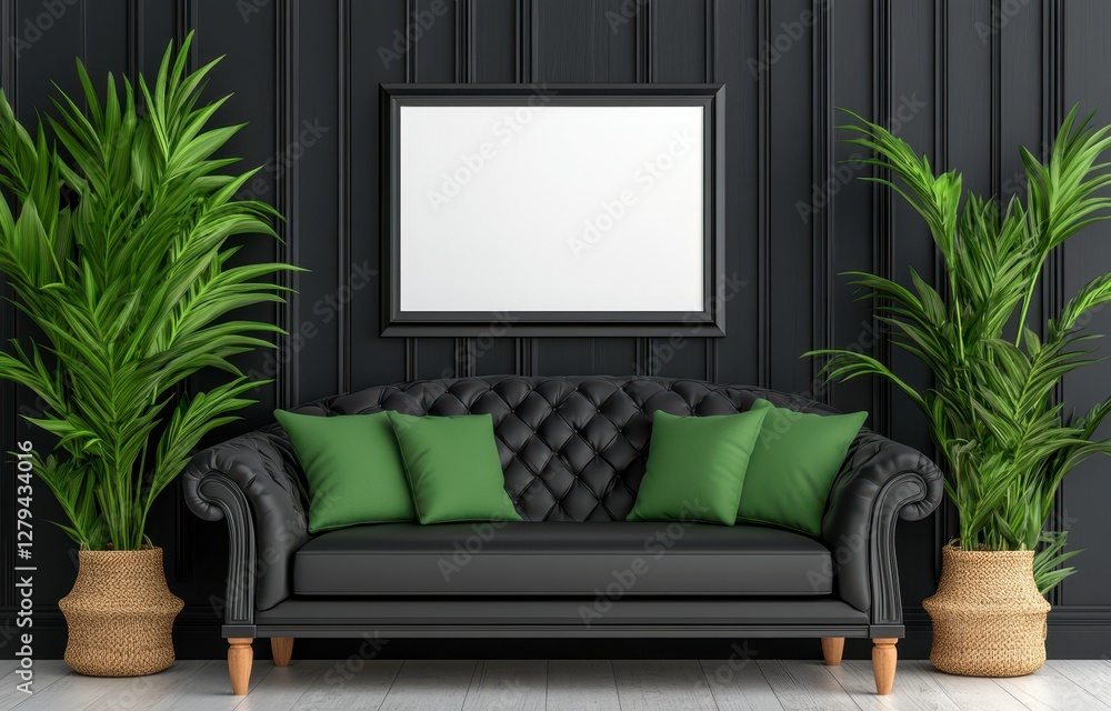 Obraz premium Black Tufted Sofa with Green Pillows in Dark Wood Room