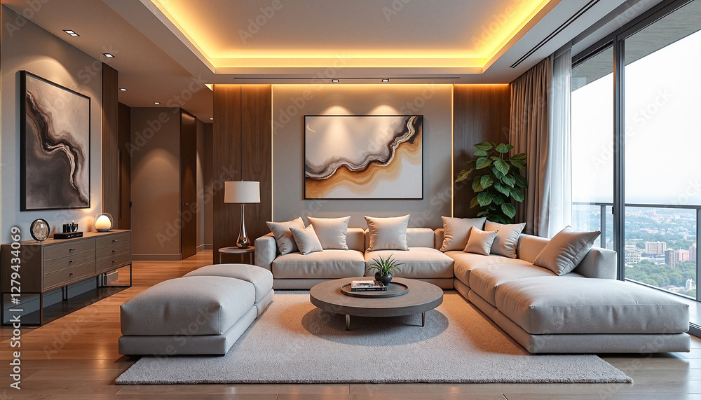 Luxury penthouse living room featuring modern décor and golden lighting, showcasing the importance of presentation in real estate. Luxury penthouse living room featuring modern décor and golden lighting, showcasing the importance of presentation in real estate.