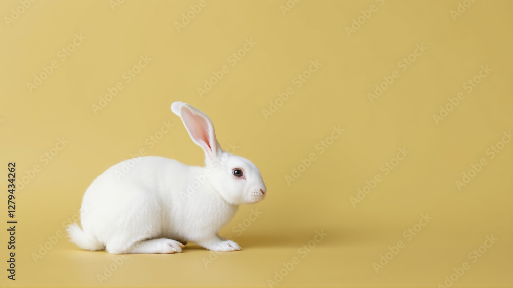 Obraz premium Cute white bunny on isolated olive background colors