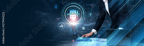 Foto Accountability: Businessman uses laptop and synchronizes data of performance tracking on computer device with global network, transparency, compliance, responsibility, auditing, and decision-making