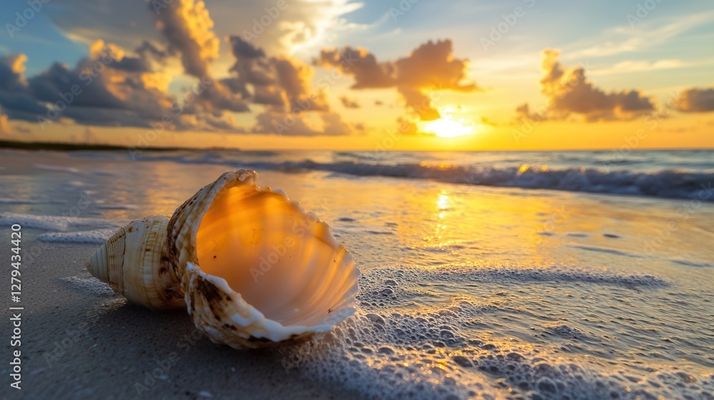 Arafed shell rests on the sandy beach, illuminated by the warm hues of a stunning sunset, creating a serene coastal atmosphere. Arafed shell rests on the sandy beach, illuminated by the warm hues of a stunning sunset, creating a serene coastal atmosphere.