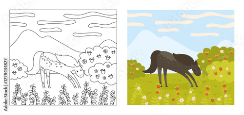 Horse on strawberry meadow summer cartoon vector illustration coloring book for kids. Playful mare horse in summer valley. Comic purebred stallion. Funny animal drawing design art perfect for children