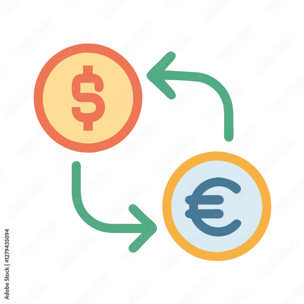 Icon of money exchange featuring dollar and euro symbols with arrows in a colorful design Icon of money exchange featuring dollar and euro symbols with arrows in a colorful design