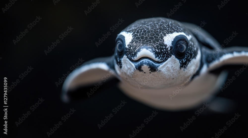 Fototapeta premium Young penguin chick swims underwater, looking directly at the camera in dark ocean depths.