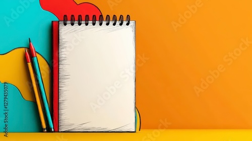 Blank Notepad with Colored Pencils on Yellow Surface and Colorful Abstract Background