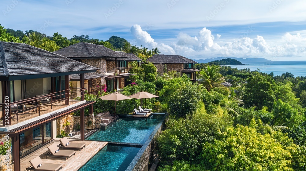 Naklejka premium Aerial view showcasing a luxurious resort featuring a shimmering pool and a sleek boat, surrounded by lush greenery and tranquil waters.