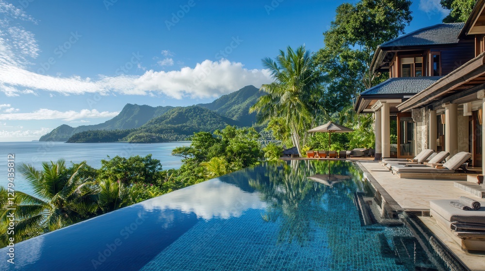 Obraz premium A serene pool overlooks a breathtaking view of the ocean and majestic mountains, creating a perfect blend of relaxation and natural beauty.